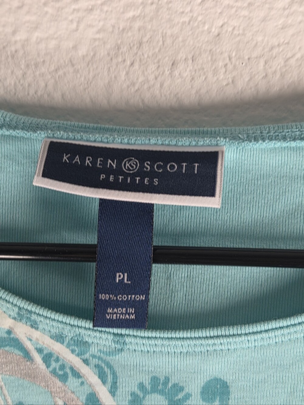 Karen Scott Women's Size PL Aqua Floral Embellished Short-Sleeve Tee - Picture 4 of 7